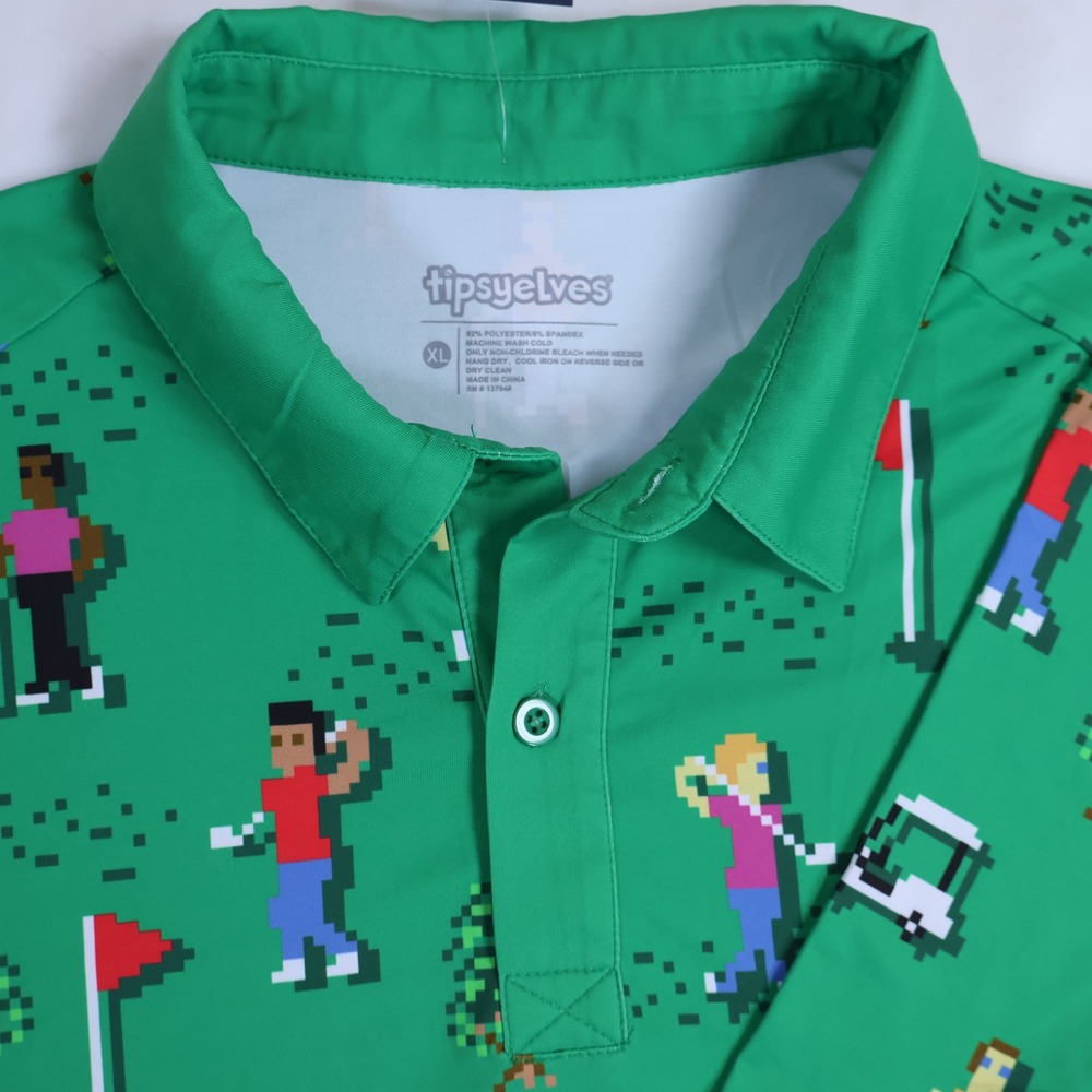 Tipsy Elves Mens XL Green 8-Bit Birdie Golf Polo Shirt Short Sleeve Performance